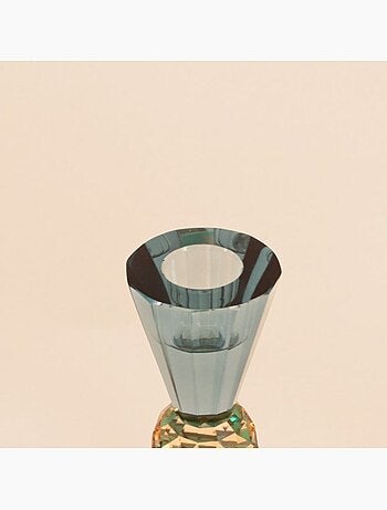 Bougeoir bleuté or vert en cristal à facettes 14cm
