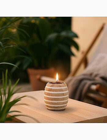 Bougeoir en bois de manguier à rayures 10cm