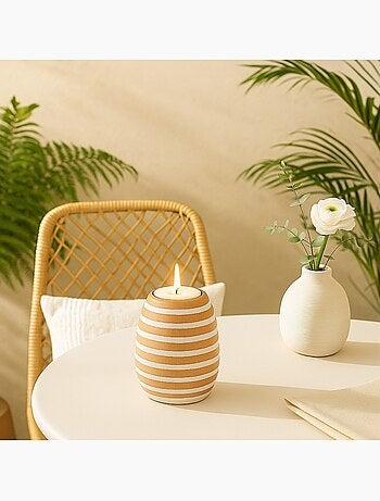 Bougeoir en bois de manguier à rayures 14cm