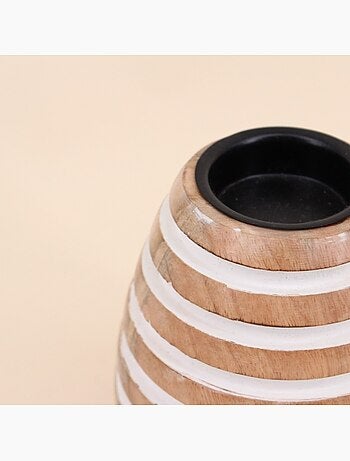 Bougeoir en bois de manguier à rayures 14cm