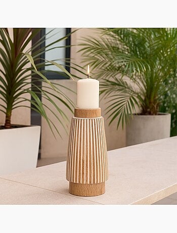 Bougeoir en bois de manguier à rayures 21cm