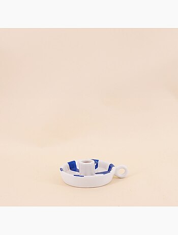 Bougeoir en céramique rayé blanc / bleu 15cm
