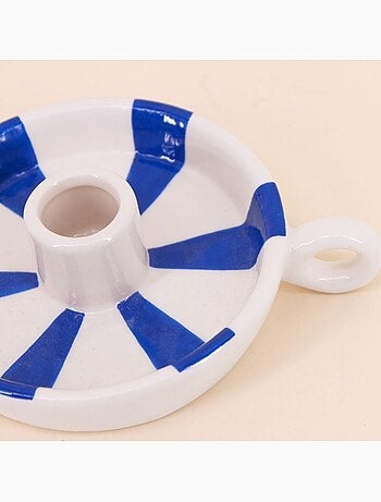 Bougeoir en céramique rayé blanc / bleu 15cm