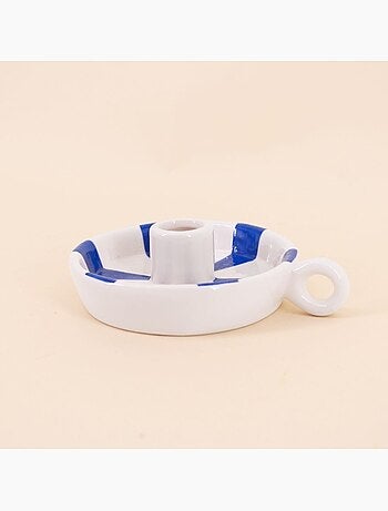 Bougeoir en céramique rayé blanc / bleu 15cm