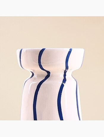 Bougeoir en céramique rayé bleu / blanc 18cm