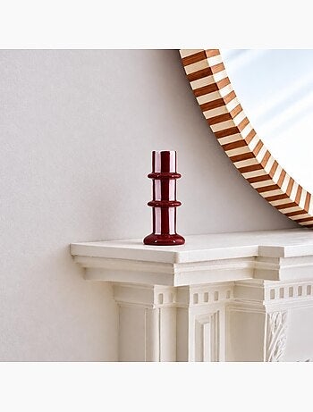 Bougeoir en céramique rayé bordeaux et blanc 15cm
