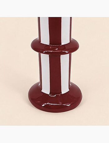 Bougeoir en céramique rayé bordeaux et blanc 15cm