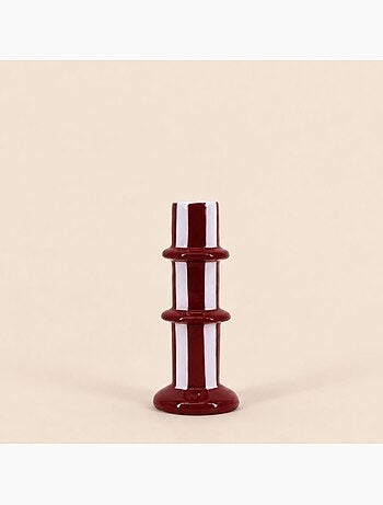 Bougeoir en céramique rayé bordeaux et blanc 15cm