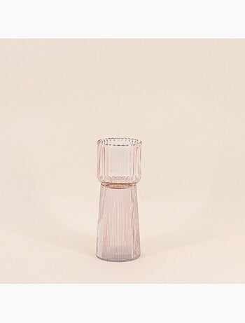 Bougeoir en verre strié rose 19cm