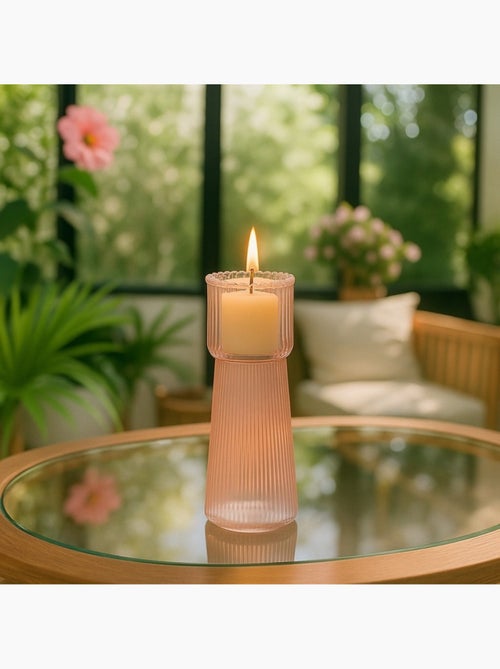 Bougeoir en verre strié rose 19cm - Kiabi