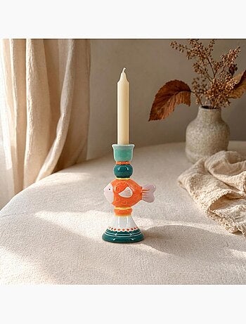 Bougeoir poisson orange et bleu en céramique 18cm