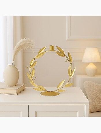 Bougeoir rond feuilles dorées 30cm