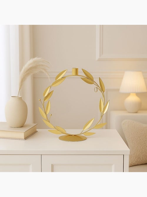 Bougeoir rond feuilles dorées 30cm - Kiabi