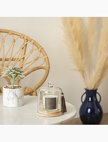 Bougie parfumée sous cloche verre sur socle bois LOLI