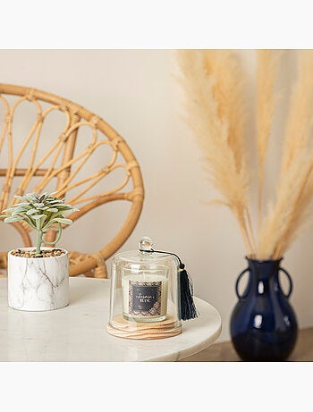 Bougie parfumée sous cloche verre sur socle bois LOLI