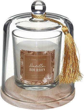 Bougie parfumée sous cloche verre sur socle bois LOLI