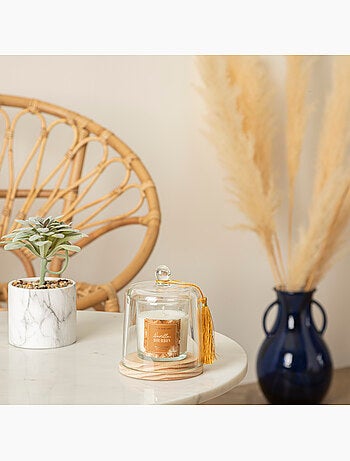 Bougie parfumée sous cloche verre sur socle bois LOLI