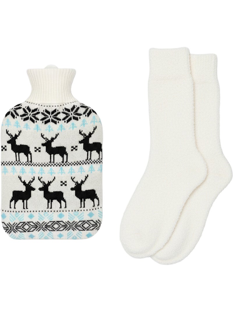 Bouillotte à eau avec chaussettes et housse tricot motif cerf Blanc - Kiabi