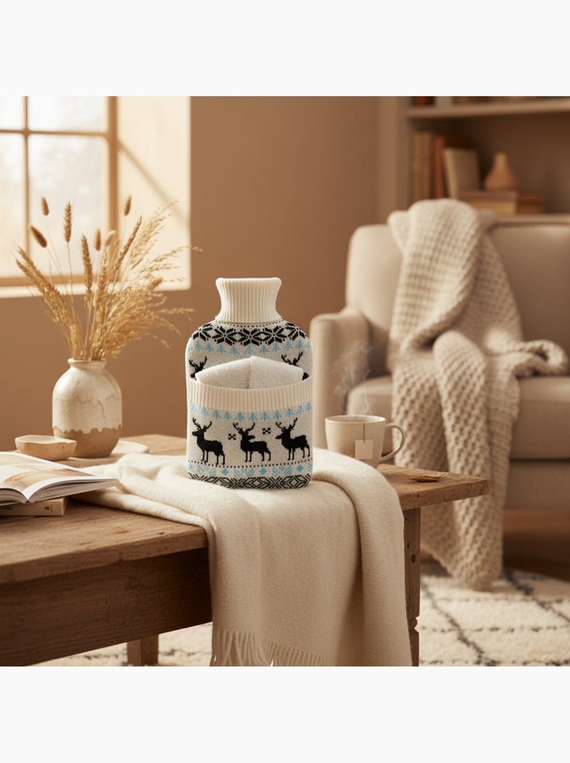 Bouillotte à eau avec chaussettes et housse tricot motif cerf Blanc - Kiabi