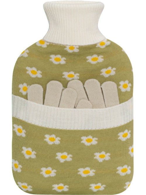 Bouillotte à eau avec gants et housse tricot motif fleurs - Kiabi