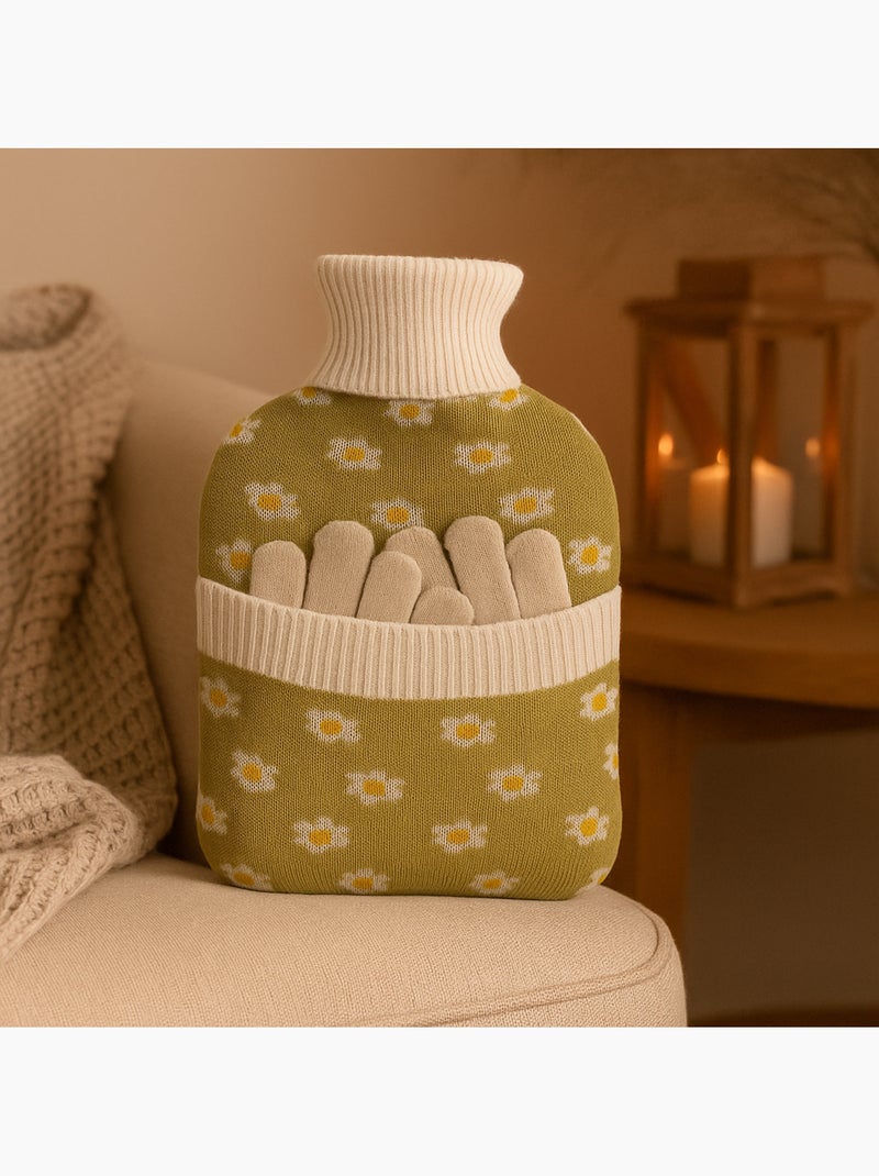 Bouillotte à eau avec gants et housse tricot motif fleurs Vert - Kiabi