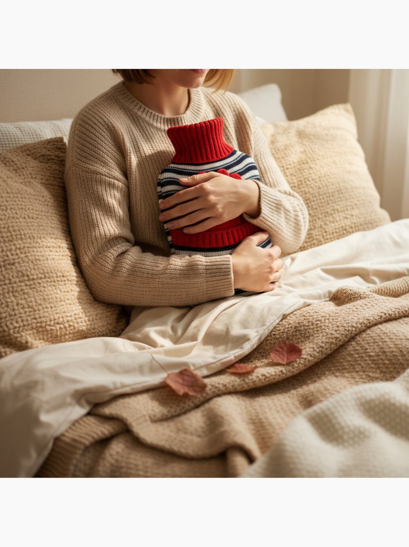 Bouillotte à eau avec gants et housse tricot rayée Rouge - Kiabi