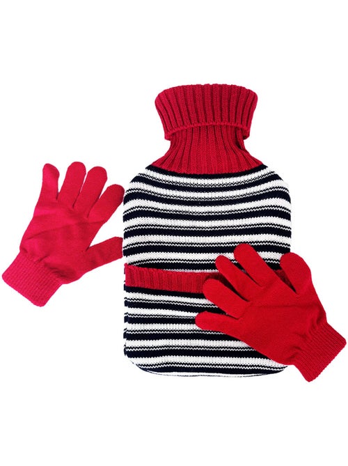 Bouillotte à eau avec gants et housse tricot rayée - Kiabi