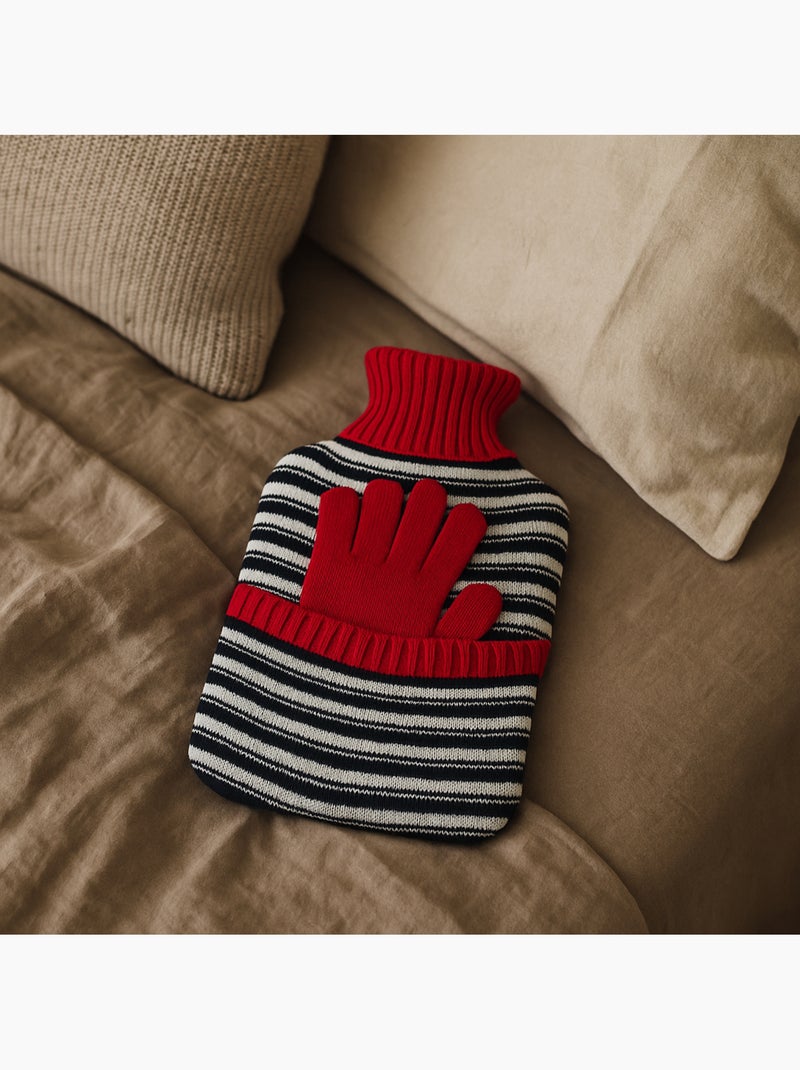 Bouillotte à eau avec gants et housse tricot rayée Rouge - Kiabi
