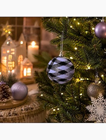 Boule de décoration de sapion de noël pailletée blanc argenté et noir