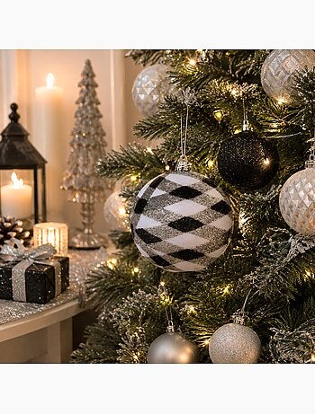 Boule de décoration de sapion de noël pailletée blanc argenté et noir