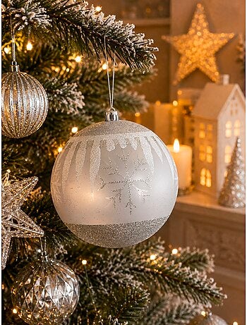 Boule de noël décorée argent – 12 cm