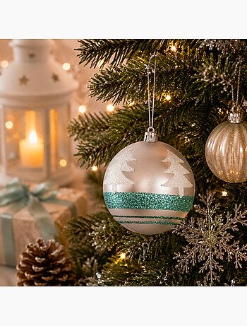 Boule de noël décorée sapins argent 8 cm
