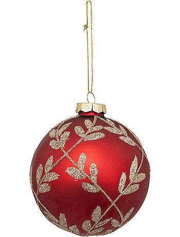 Boule de noël rouge avec feuilles dorées en verre 80mm