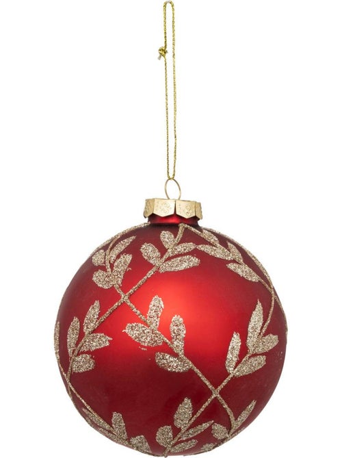 Boule de noël rouge avec feuilles dorées en verre 80mm - Kiabi