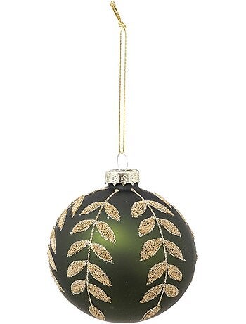 Boule de noël vert avec feuilles dorées en verre 80mm