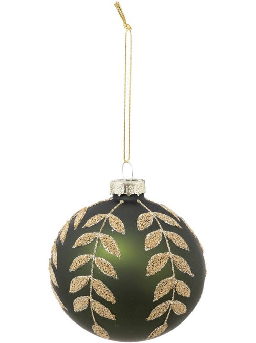 Boule de noël vert avec feuilles dorées en verre 80mm - Kiabi