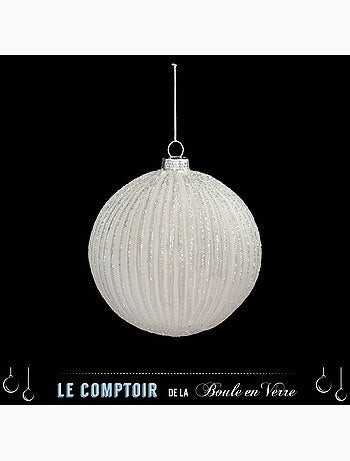 Boule striée pailletée 10 cm verre blanc