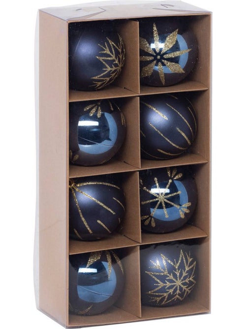 Boules de noël "colorama de noël" lot de 8 en plastique recyclé d8cm bleu doré - Kiabi