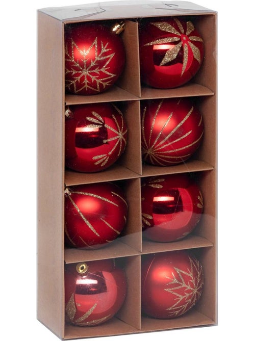 Boules de noël "colorama de noël" lot de 8 en plastique recyclé d8cm rouge doré - Kiabi