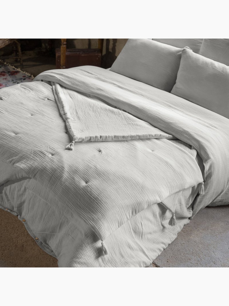 Bout de lit - Double gaze de coton -  Finition pompon - Gaïa Gris - Kiabi