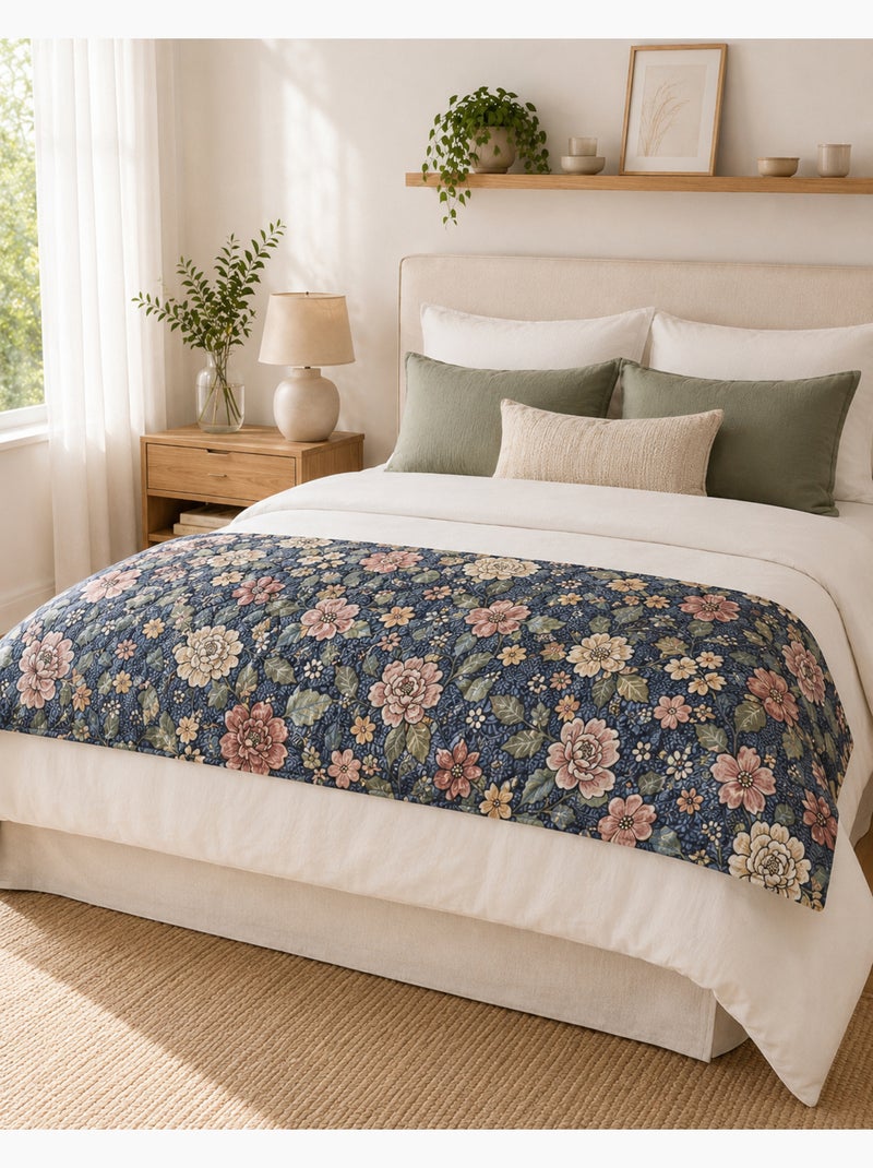 Bout de lit 90 x 220 cm Velours imprimé ROSALIE Bleu - Kiabi