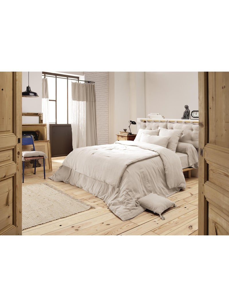 Bout de Lit – Double Gaze de Coton unie - Finition pompon - Gaïa Beige naturel - Kiabi
