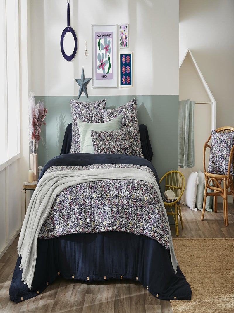 Bout de lit gaze de coton Malia fleuri Bleu - Kiabi