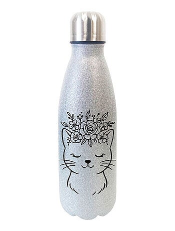 Bouteille chat avec couronne de fleurs à paillettes