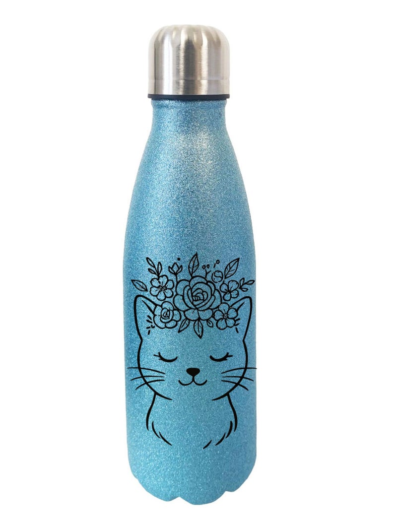 Bouteille chat avec couronne de fleurs à paillettes Bleu - Kiabi