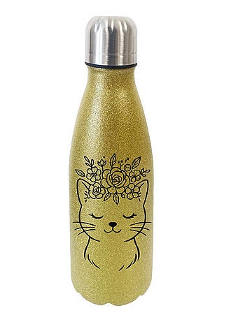 Bouteille chat avec couronne de fleurs à paillettes