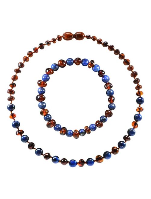 Box bracelet adulte et collier bébé - Ambre et pierres naturelles - Ambre Cognac / Lapis lazuli - Kiabi