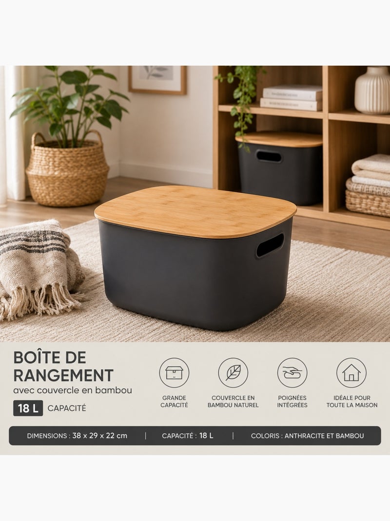 Box de rangement avec couvercle bambou Anthracite/Blanc - Kiabi