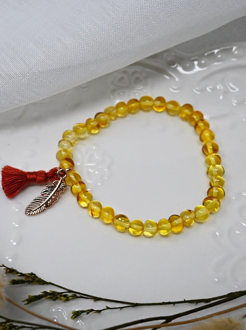 Bracelet adulte - Ambre Honey, pompon rouille et plume or rose Jaune - Kiabi