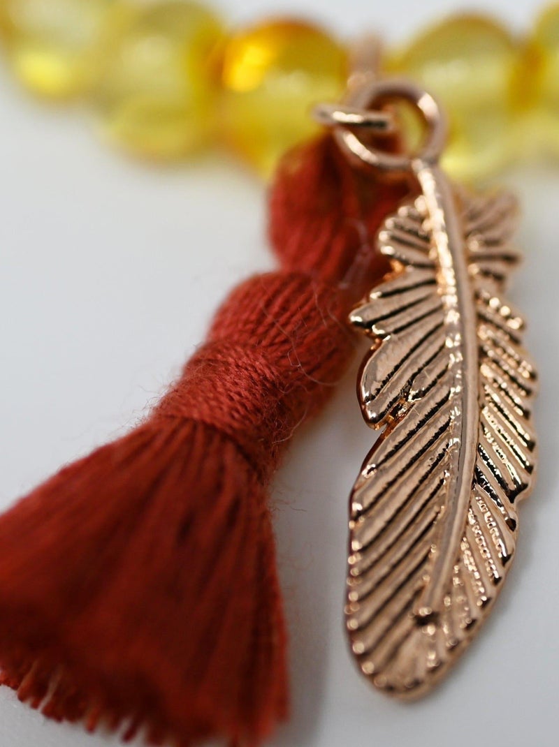 Bracelet adulte - Ambre Honey, pompon rouille et plume or rose Jaune - Kiabi